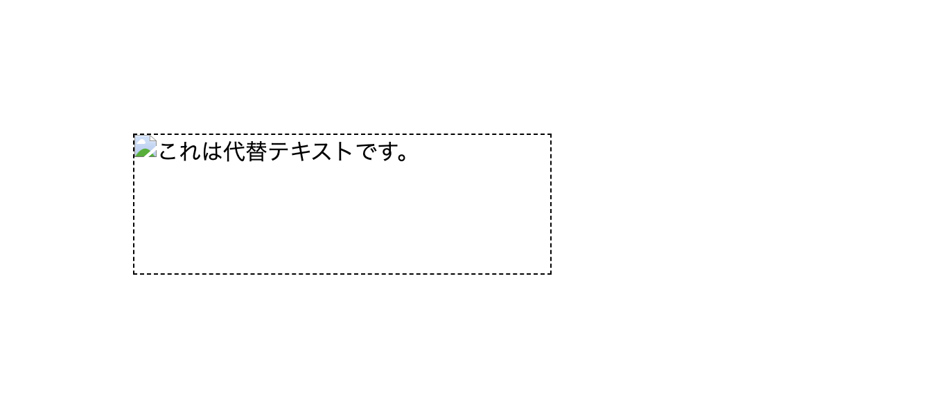 スクリーンショット:Chromeでの表示。黒い点線で囲われた横長の長方形の中に、ファイルが壊れたようなアイコンと「これは代替テキストです」という文字が並んでいる。